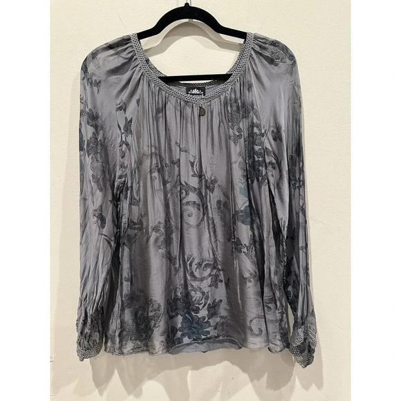 LE MARAIS Paris blue-gray 100% silk long sleeve blouse w floral Small C0525 - Picture 1 of 9